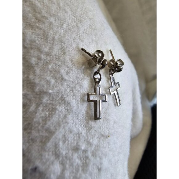 Tiny Short Dangle Outlined Silver Toned Earrings Cross Christian Casual Cute - Picture 6 of 9